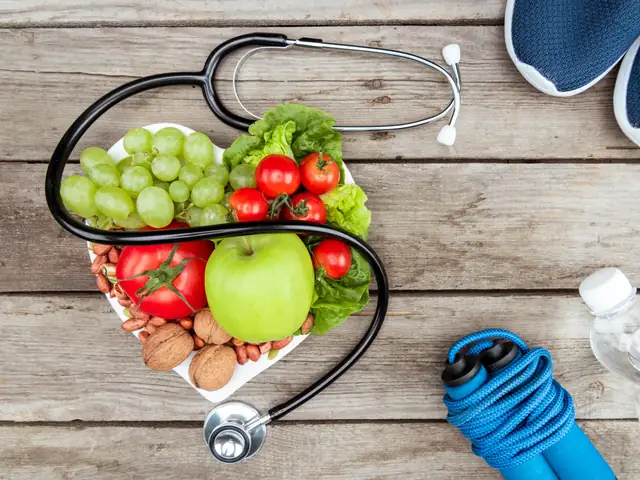 Heart-shaped plate of fruit, vegetables and nuts beside a stethoscope and jump rope