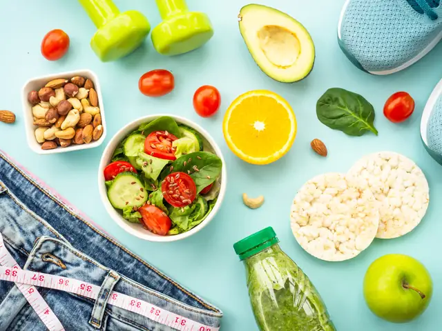 Fresh salad, fruit, nuts and a green smoothie as low-sugar choices