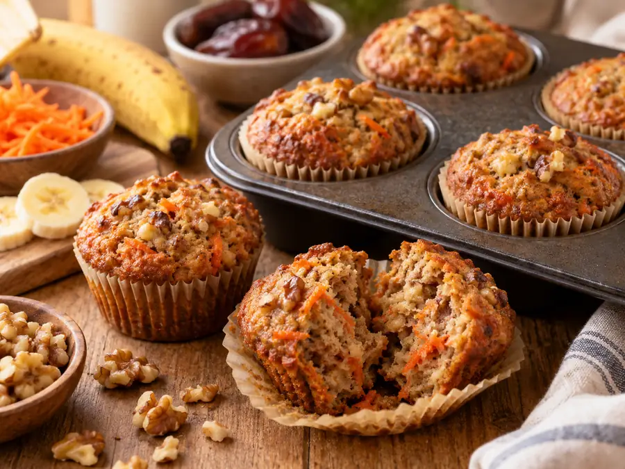 Carrot banana muffins with walnuts in a muffin tin, one broken open, beside dates, banana and shredded carrot