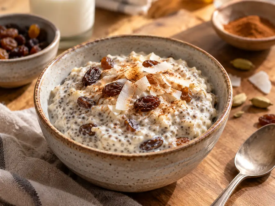 Bowl of chia rice pudding topped with raisins, coconut flakes and cinnamon