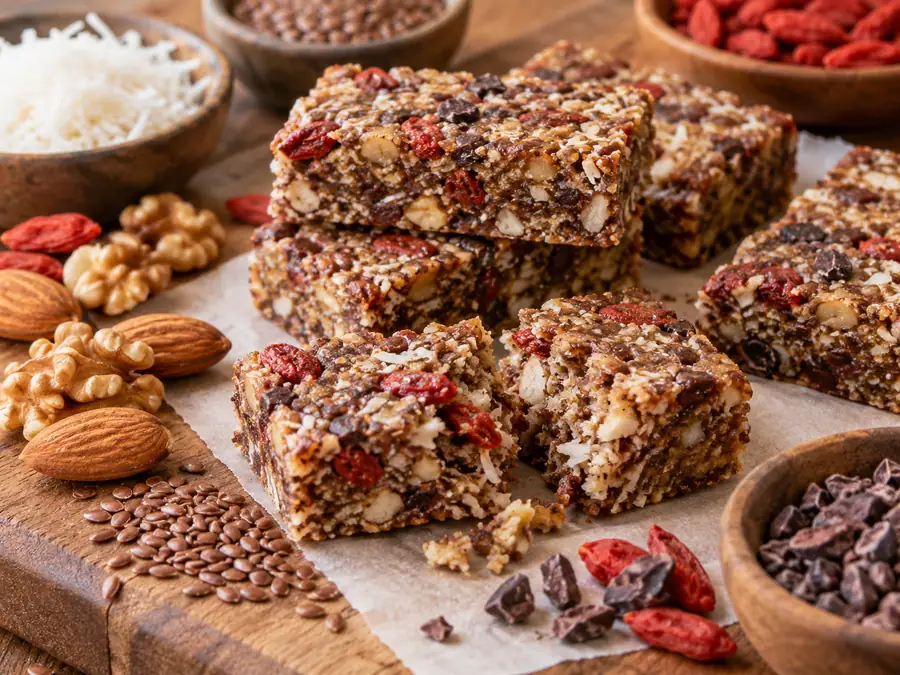 Flaxie Maxie no-bake nut and seed bars with goji berries, coconut and cacao nibs