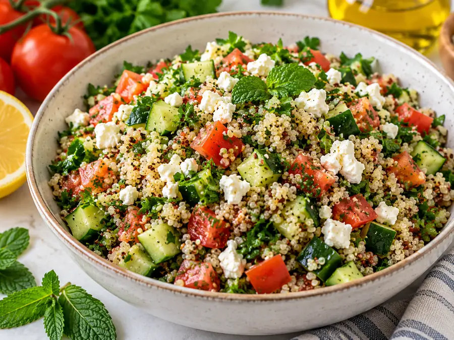 Quinoa tabbouleh salad with cucumber, tomato, parsley, mint and feta in a white bowl